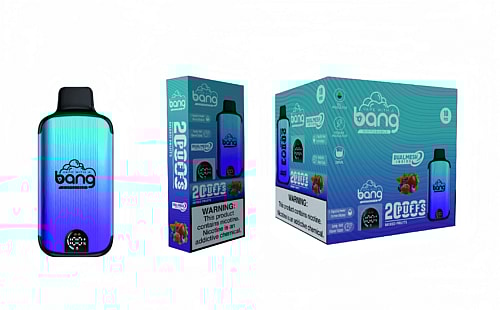 Bang disposable vape device with a gradient blue and green body, alongside its packaging, featuring a warning about nicotine being an addictive chemical.