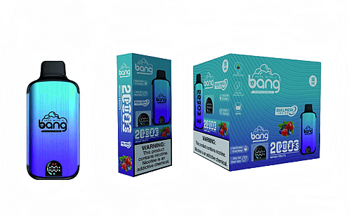 Bang engångs vape-enhet med en gradient blå och grön kropp, tillsammans med dess förpackning, med en varning om att nikotin är en beroendeframkallande kemikalie.