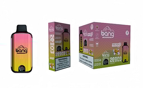 Bang disposable vape device packaging in peach ice flavor, featuring a dual mesh coil, 28ml capacity, and a warning label about nicotine.