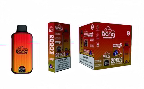 Disposable vape device and packaging featuring the brand "Bang" with a red-orange gradient design and the flavor "Blueberry Watermelon."