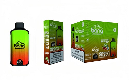 Bang disposable vape device in green and orange gradient with strawberry kiwi flavor packaging, featuring 2000 puffs, dual mesh technology, and a nicotine warning label.