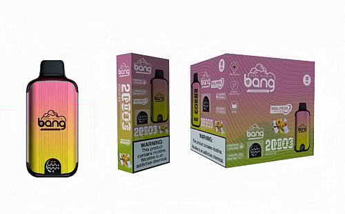 Bang disposable vape device and packaging with "Peach Ice" flavor, featuring a gradient design and warning labels indicating nicotine content.