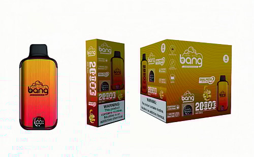 Bang disposable vape device and packaging, featuring a gradient design with the brand logo and warnings about nicotine addiction.