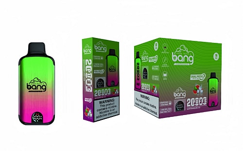 Image of a "Bang" disposable vape device in a gradient green and pink color, along with its packaging boxes displaying "Watermelon Ice" flavor, "2 Puffs" text, and health warning about nicotine addiction.