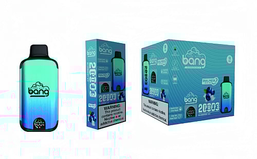 "Bang disposable vape packaging featuring a gradient blue and green vape device, with boxes displaying '2 puffs' and a nicotine warning label."