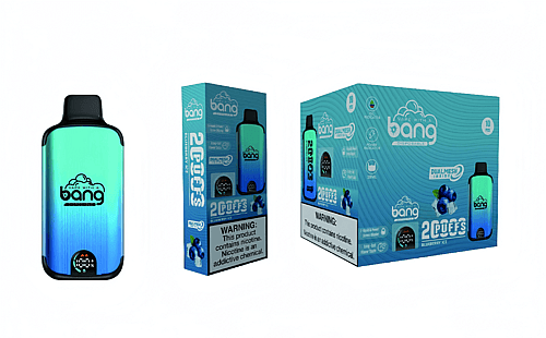 "Bang engångsvapeförpackning med en gradient blå och grön vapeanordning, med lådor som visar "2 puffar" och en nikotinvarningsetikett."