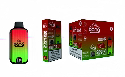 Vape product packaging displaying a colorful disposable vape device and boxes with product details and warning labels about nicotine.