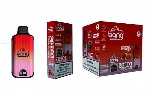 Bang disposable vape product in raspberry watermelon flavor, with its packaging and warning label indicating it contains nicotine, an addictive chemical.