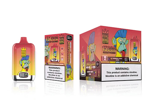 Box and vape pen for Bang King featuring colorful cartoon monkey, labeled "15,000 puffs" and "Blueberry Cherry Lemon," with warnings about nicotine addiction.