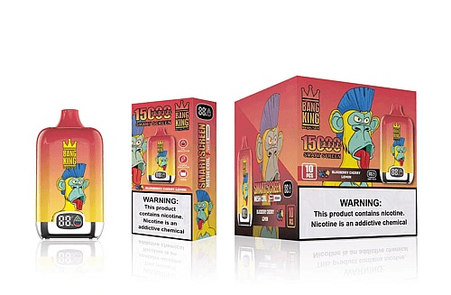 Box och vape-penna för Bang King med färgglad tecknad apa, märkt "15 000 puffar" och "Blueberry Cherry Lemon", med varningar om nikotinberoende.