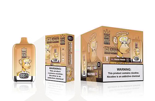A peach-colored vape device with a cartoon monkey wearing a crown, labeled "Bang King," and a smart screen. The packaging box features the same design, with text highlighting 15,000 puffs, 8% nicotine, and the flavor "Peach Freeze."