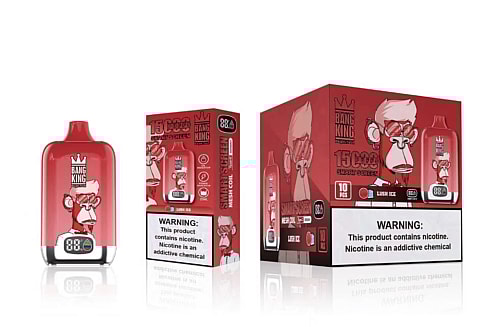 Red disposable vape device labeled "Bang King" with 15,000 puffs and a smart screen, shown alongside its packaging featuring a cartoon monkey with glasses. Warning label indicates the product contains nicotine.
