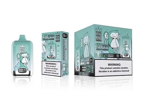 Bang King disposable vape device and packaging, featuring a digital display and branding with a stylized monkey wearing a crown. The package highlights "15,000 puffs" and "Sour Apple Blueberry" flavor, along with a nicotine warning.