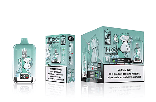 Bang King engångs vape-enhet och förpackning, med en digital display och varumärke med en stiliserad apa som bär en krona. Paketet framhäver smaken "15 000 puffar" och "Sura äppleblåbär", tillsammans med en nikotinvarning.