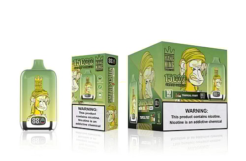 A green and yellow vape device with a digital display, featuring a cartoon monkey wearing a crown, next to a matching box that reads "Bang King" and "15000 puffs."
