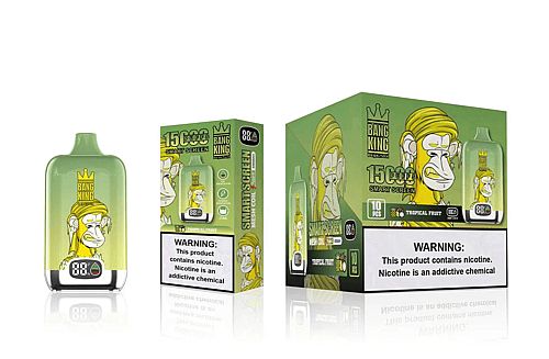 En grön och gul vape-enhet med en digital display, med en tecknad apa som bär en krona, bredvid en matchande låda där det står "Bang King" och "15000 puffar."