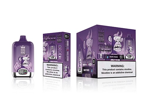 Bang King disposable vape device in Grape Freeze flavor, featuring a purple design with an angry cartoon gorilla, 15,000 puffs capacity, 8% nicotine, and a smart screen display.