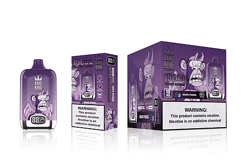 Bang King engångsvapeapparat i Grape Freeze-smak, med en lila design med en arg tecknad gorilla, kapacitet för 15 000 bloss, 8% nikotin och en smart skärm.