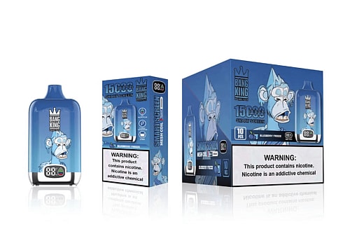 Bang King disposable vape device and packaging featuring a blue cartoon gorilla, 15,000 puffs, a smart screen, and a nicotine addiction warning label.