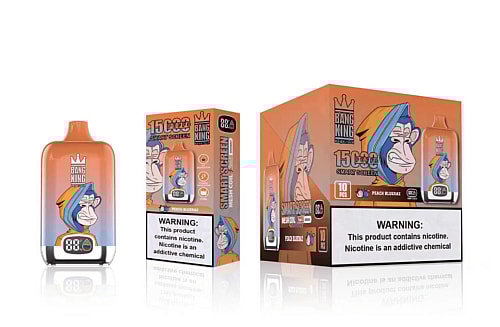 Bang King vape device packaging featuring a cartoon monkey, with details about 15,000 puffs, peach blueraz flavor, and a warning that the product contains nicotine.