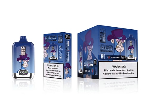 Blue disposable vape device and packaging with a cartoon monkey wearing a purple hat. The device features a digital screen and is labeled "Bang King" with "15,000 puffs" and "Berry Blast" flavor. Warning about nicotine addiction is displayed.