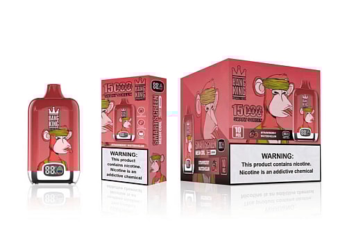 A red Bang King vape device and its packaging, featuring a cartoon monkey with a crown and blindfold, labeled "15000 puffs" and "Strawberry Watermelon." The warning text on the packaging indicates the product contains nicotine.