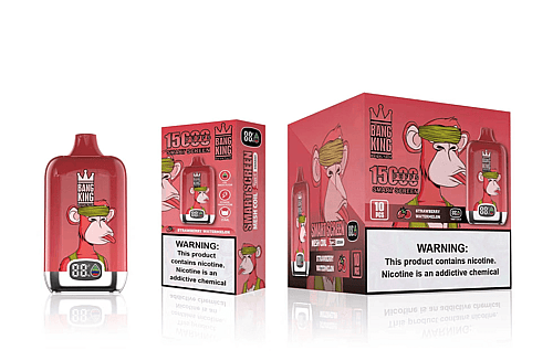 En röd Bang King vape-enhet och dess förpackning, med en tecknad apa med en krona och ögonbindel, märkt "15000 puffar" och "Strawberry Watermelon". Varningstexten på förpackningen indikerar att produkten innehåller nikotin.