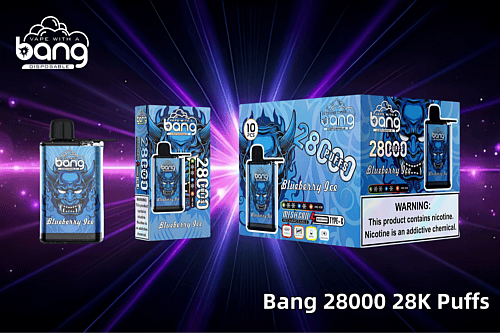 Bang 28000 Einweg-Vape mit Verpackung in der Geschmacksrichtung Blaubeereis, mit blauem Dämonendesign, Warnhinweis zur Nikotinsucht und Produktdetails einschließlich Netzspule, wiederaufladbarem Typ C und 28.000 Zügen.