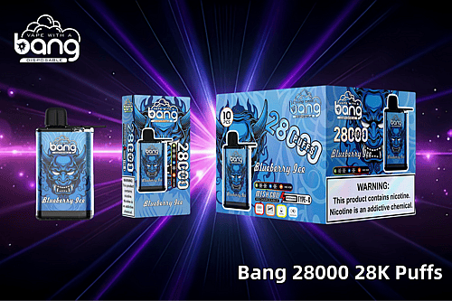 Bang 28000 Einweg-Vape mit Verpackung in der Geschmacksrichtung Blaubeereis, mit blauem Dämonendesign, Warnhinweis zur Nikotinsucht und Produktdetails einschließlich Netzspule, wiederaufladbarem Typ C und 28.000 Zügen.
