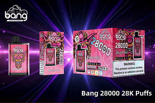 „Bang 28000 Einweg-Vape mit Peach Ice-Geschmack, Mesh-Spule, wiederaufladbarem Typ-C-Anschluss und lebendiger Verpackung mit kräftigem rosa Design und Nikotin-Warnhinweis.“