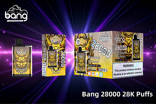 Verpackung und Produktpräsentation des Bang 28000 Puff Einweg-Vaporizers mit Ananas-Kokos-Geschmack, mit kräftigen Grafiken in feurig gelbem Design und auffälligem Branding vor einem dynamischen violetten Hintergrund.