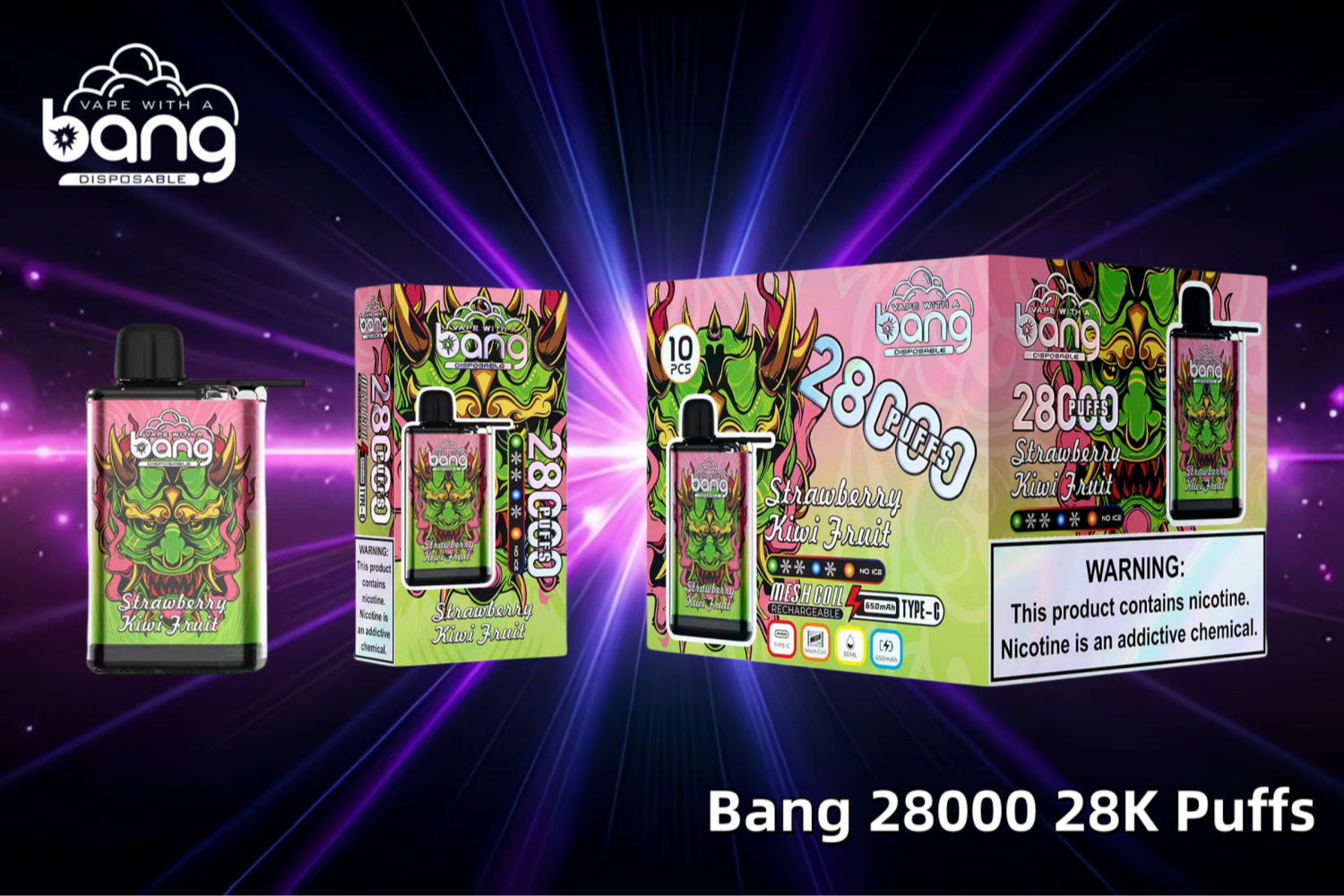„Bang 28000 Einweg-Vape mit Erdbeer-Kiwi-Geschmack, Mesh-Spule, wiederaufladbarem Typ-C-Anschluss und lebendiger Verpackung mit auffälligem Design und Nikotin-Warnhinweis.“