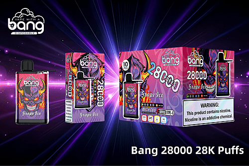 Bang 28000 Einweg-Vape in einer Verpackung mit Grape Ice-Geschmack und farbenfrohem Design mit einem feurigen gehörnten Dämon, 28.000 Zügen, Mesh-Spule, wiederaufladbarem Typ C und Nikotinwarnung.