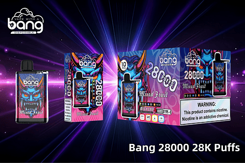 Bang 28000 Einweg-Vape im Mixed-Fruit-Geschmack mit lebendiger Verpackung und farbenfrohem Dämonen-Design, das neben der Schachtel und einer 10er-Packungsoption angezeigt wird und auf dem „28K Puffs“- und Nikotinwarnungen hingewiesen wird.