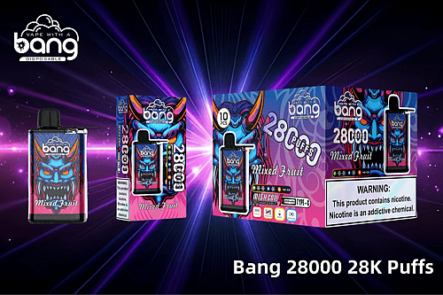 Bang 28000 Einweg-Vape im Mixed-Fruit-Geschmack mit lebendiger Verpackung und farbenfrohem Dämonen-Design, das neben der Schachtel und einer 10er-Packungsoption angezeigt wird und auf dem „28K Puffs“- und Nikotinwarnungen hingewiesen wird.