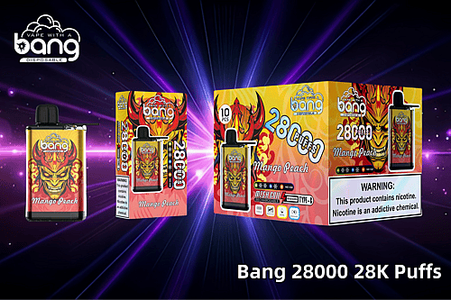 Bang 28000 Einweg-Vaporizer mit Mango-Pfirsich-Geschmack, 28.000 Zügen, Mesh-Spule, Typ-C-Aufladung, einstellbaren Eismengen und einem Warnhinweis zur Nikotinsucht vor einem leuchtend violetten Hintergrund.
