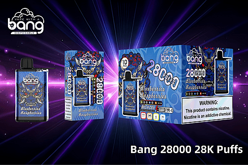 Bang 28000 Einweg-Vape mit Blaubeer- und Himbeergeschmack, Verpackung mit auffälligem Grafikdesign, Produktdetails und einem Nikotinwarnhinweis.