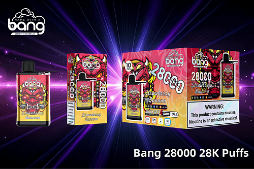 Bang 28000 Einweg-Vape im Erdbeer-Bananen-Geschmack, mit einem kräftigen roten Dämonen-Design auf der Verpackung, mit Angaben zu 28.000 Zügen, Mesh-Spule, wiederaufladbarem Typ-C-Anschluss und einem Nikotin-Warnhinweis.