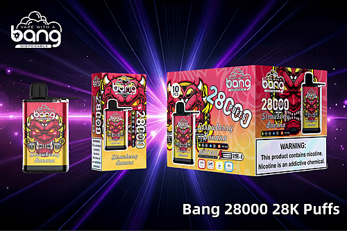 Bang 28000 Einweg-Vape im Erdbeer-Bananen-Geschmack, mit einem kräftigen roten Dämonen-Design auf der Verpackung, mit Angaben zu 28.000 Zügen, Mesh-Spule, wiederaufladbarem Typ-C-Anschluss und einem Nikotin-Warnhinweis.