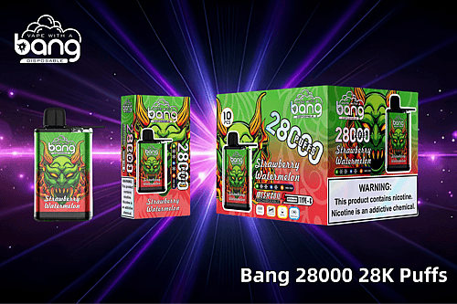 Bang 28000 Einweg-Vape-Verpackung mit dem Geschmack „Erdbeere-Wassermelone“, mit fettgedrucktem Text, der 28.000 Züge hervorhebt, einer grünen Dämonengrafik und einem Nikotinwarnhinweis.