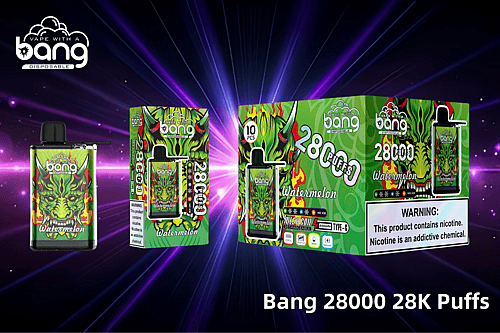 Einwegverpackung für E-Zigaretten von Bang 28000 mit Wassermelonengeschmack und einem leuchtend grünen, feurigen Drachenmotiv, einem Warnhinweis zur Nikotinsucht und Angaben zu 28.000 Zügen und einer wiederaufladbaren Netzspule.