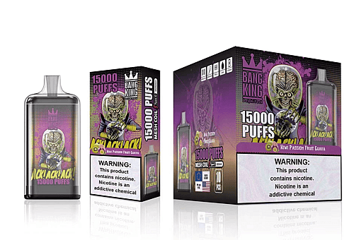 Envase de un vaporizador desechable "Bang King", que muestra un extraterrestre de dibujos animados que sostiene la Tierra, con la etiqueta "15000 bocanadas" y "Kiwi Passion Fruit Guava". La etiqueta de advertencia indica que la nicotina es adictiva.