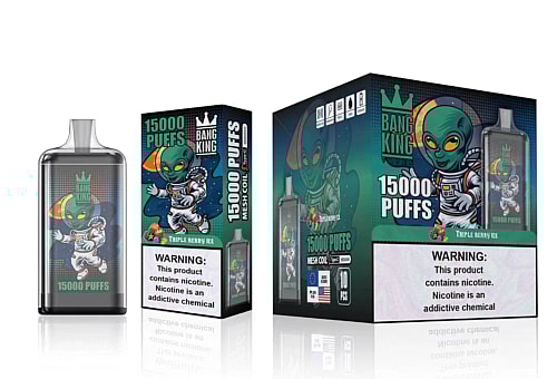 Bang King Vapen device and packaging featuring a green alien in a spacesuit with text indicating "15000 PUFFS" and "Triple Berry Ice" flavor, alongside a nicotine warning.