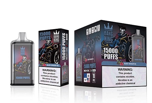 Bang King vape product packaging featuring "15000 PUFFS" in large text, a black and white skeleton character on a motorcycle, and a nicotine warning label.