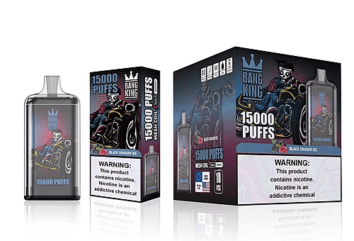 Empaque del producto de vapeo Bang King que presenta "15000 PUFFS" en texto grande, un personaje de esqueleto en blanco y negro en una motocicleta y una etiqueta de advertencia de nicotina.