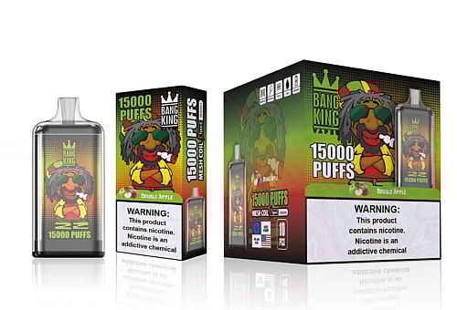 Packaging for "Bang King" vape device showing "15000 PUFFS" with a cartoon character smoking, featuring a "Double Apple" flavor and a nicotine warning label.