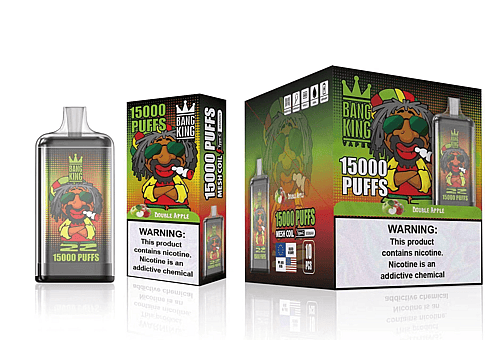 Embalaje del dispositivo de vapeo "Bang King" que muestra "15000 PUFFS" con un personaje de dibujos animados fumando, con sabor a "Double Apple" y una etiqueta de advertencia de nicotina.