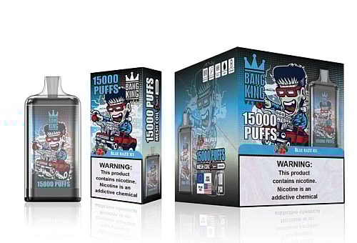 Bang King Vape device and packaging with "15000 puffs" label, featuring a cartoon character driving a red car and warning text about nicotine addiction.