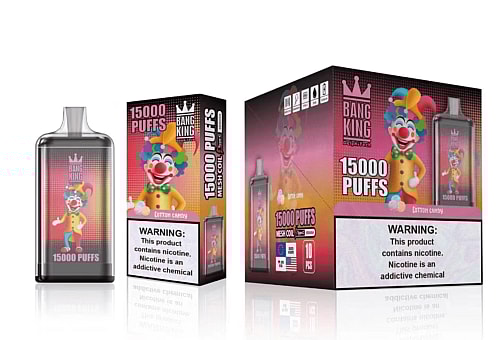 Packaging of a vape product called "Bang King" with "15000 Puffs" featuring a colorful clown design and a nicotine warning label.