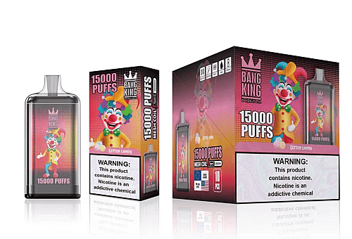 Embalaje de un producto de vapeo llamado "Bang King" con "15000 bocanadas" que presenta un diseño de payaso colorido y una etiqueta de advertencia de nicotina.